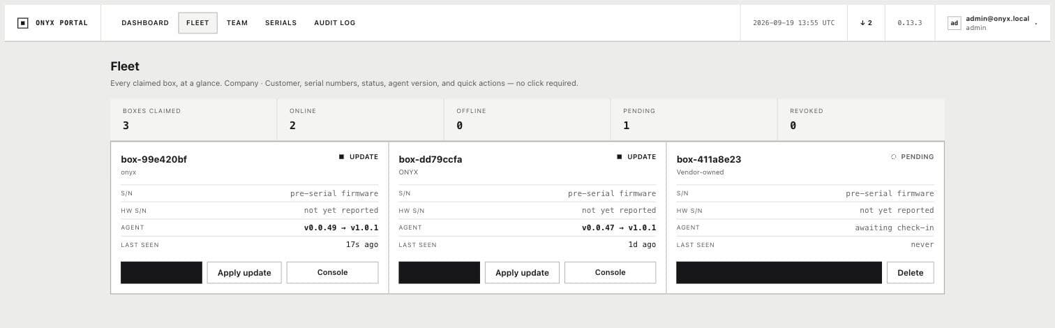 Screenshot of the ONYX cloud portal fleet view